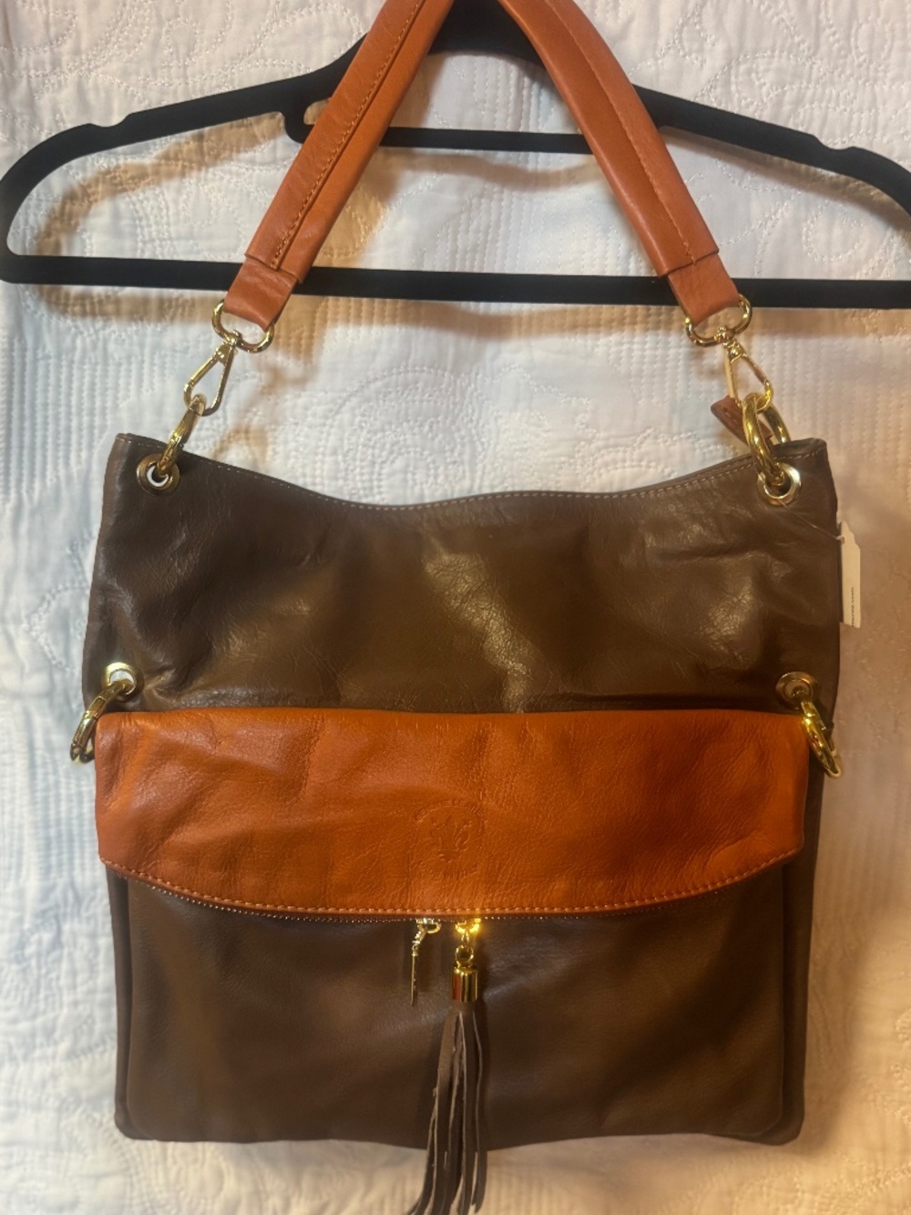 LEATHER TWO-TONE BROWN & TAN SHOULDER BAG